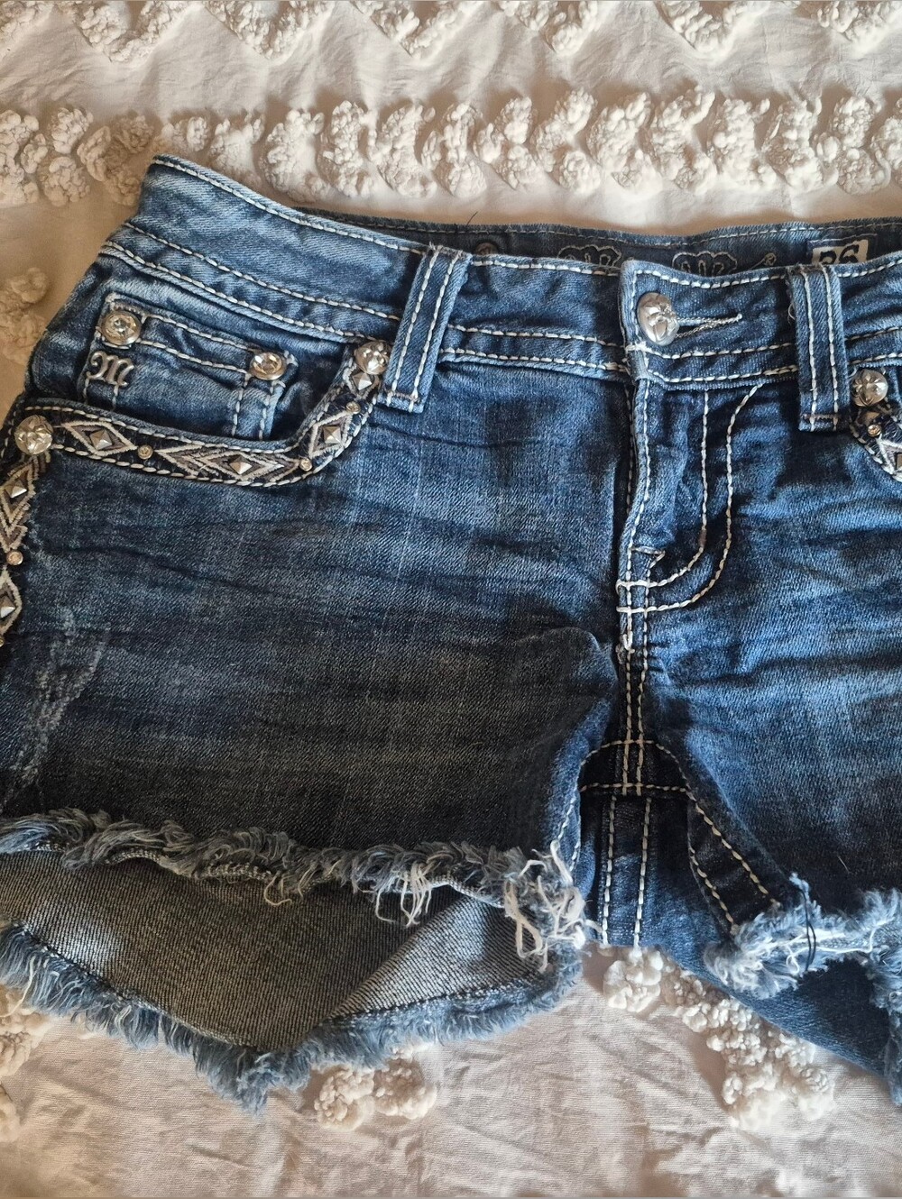 Miss Me Distressed Dark Blue Denim Shorts with Embroidered Trim